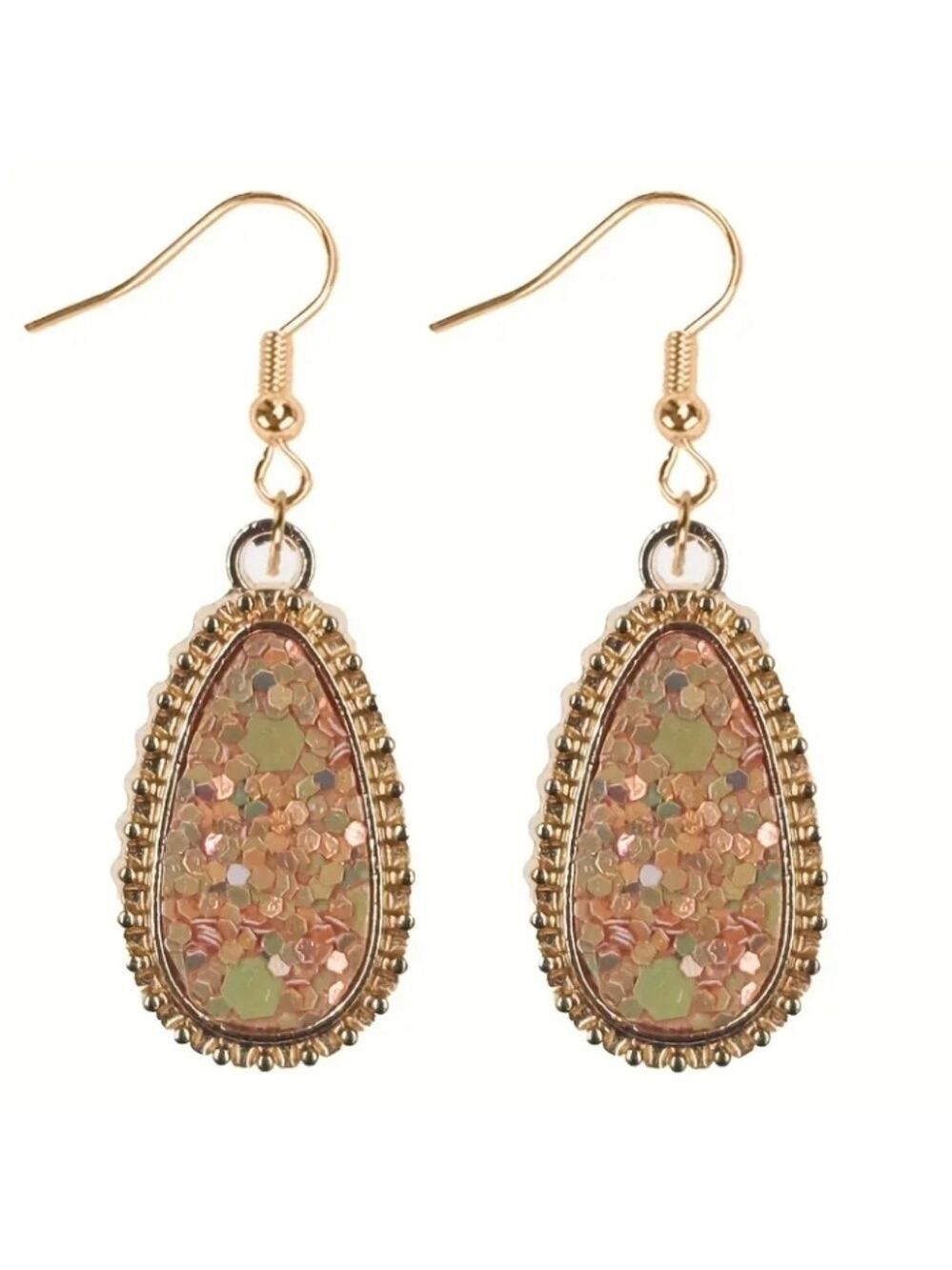 Gold Peach Glitter Dangle Earrings